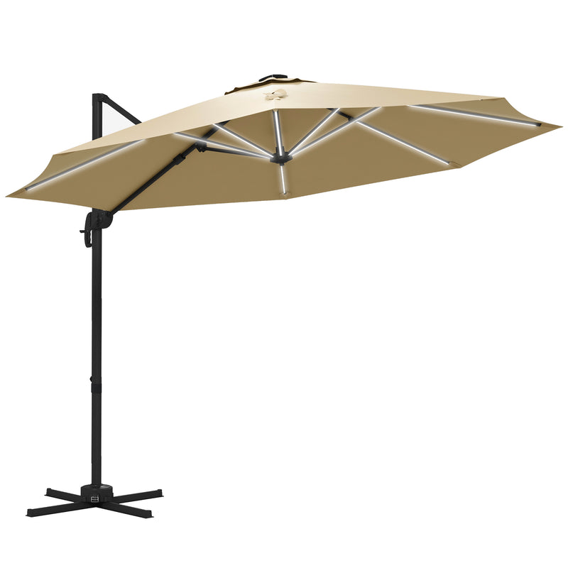 Outsunny 3(m) Solar LED Cantilever Parasol Adjustable Garden Umbrella - Khaki/Grey