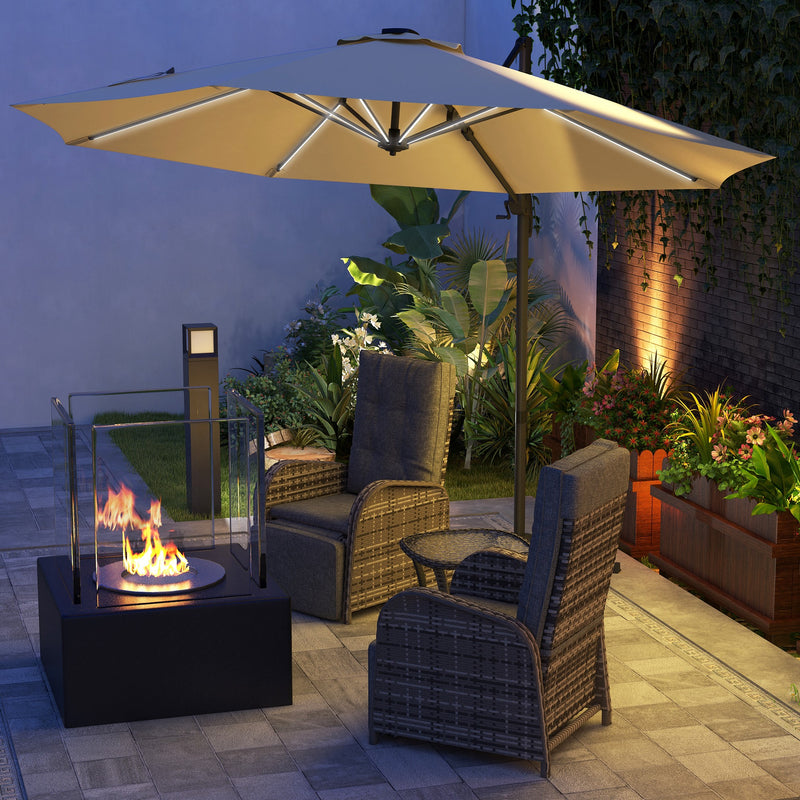 Outsunny 3(m) Solar LED Cantilever Parasol Adjustable Garden Umbrella - Khaki/Grey