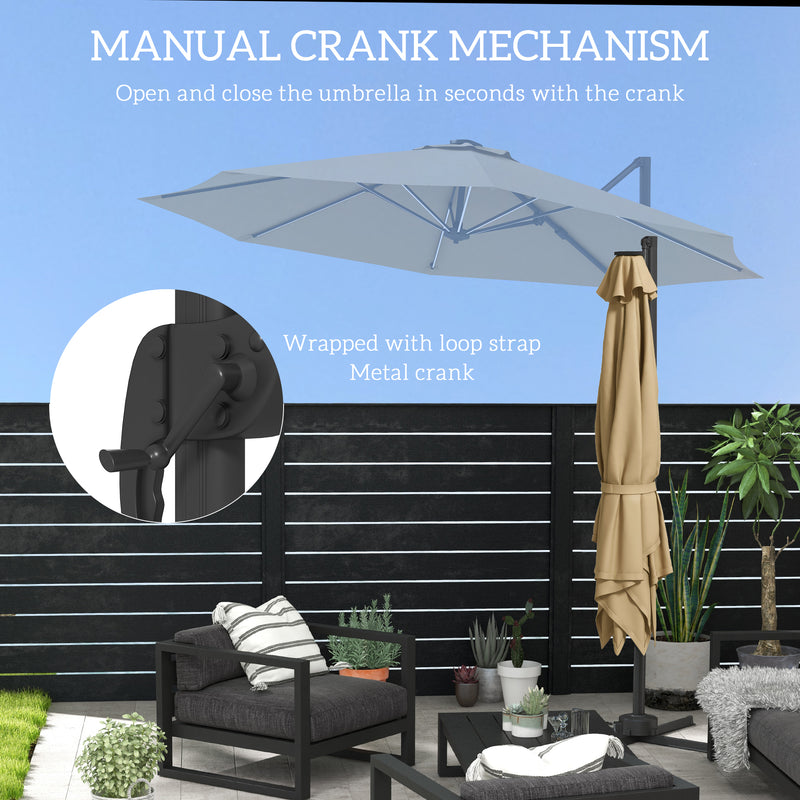 Outsunny 3(m) Solar LED Cantilever Parasol Adjustable Garden Umbrella - Khaki/Grey