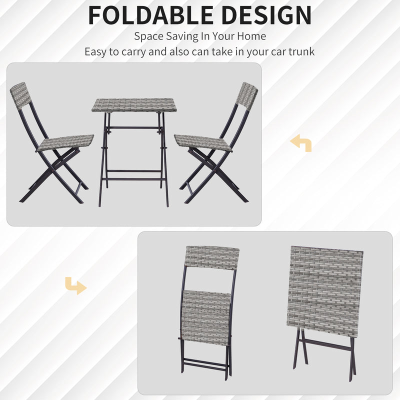 Outsunny 3 PCS PE Rattan Wicker Garden Furniture Patio Bistro Set Folding for 2 Outdoor Table and Chair Set (Grey)