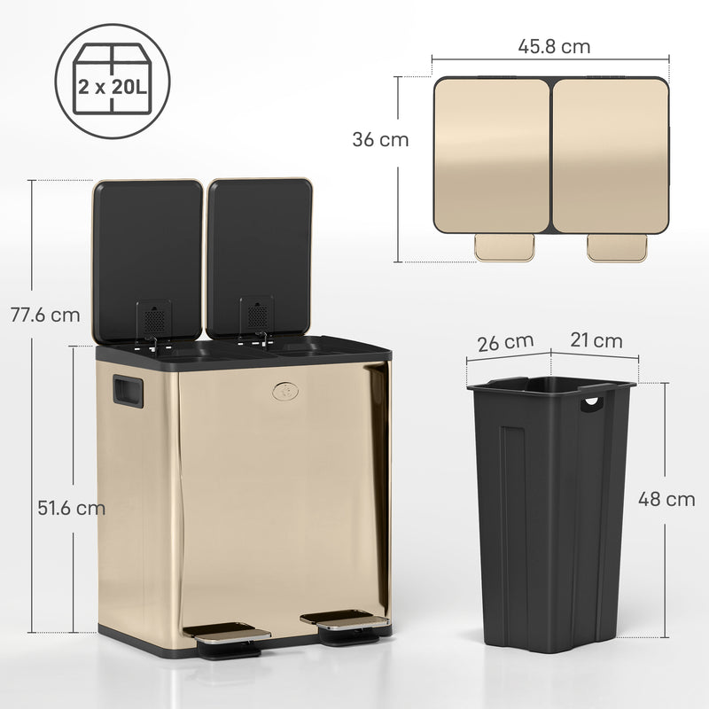 HOMCOM 2 X 20L Dual Kitchen Bin Pedal Bin For Recycling And Waste