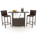 3 Pieces Patio Wicker Bar Height Table And Chair Set With 3 Rows Stemware Racks