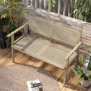 Outdoor Teak Wood Garden Bench with Armrests Rattan Backrest and Seat