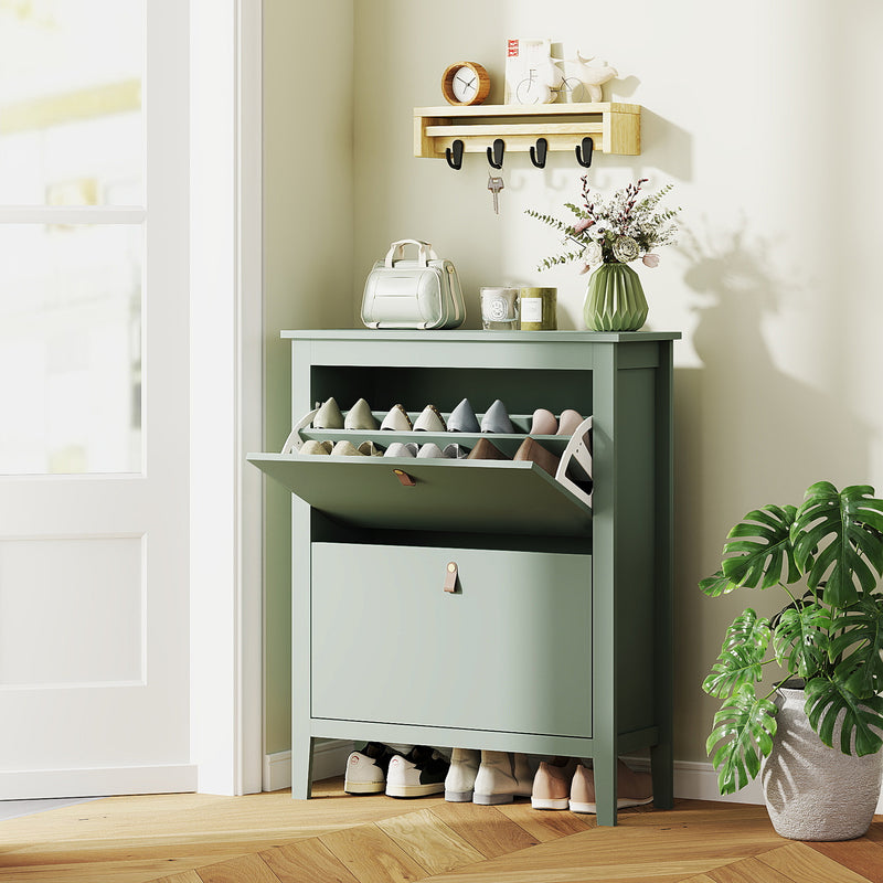 HOMCOM 2 Drawer Shoe Cabinet with Flip Doors for Hallway, Entryway, Green
