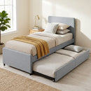 HOMCOM 90 x 190 cm Upholstered Single Bed, Pull Out Trundle Bed, Light Grey