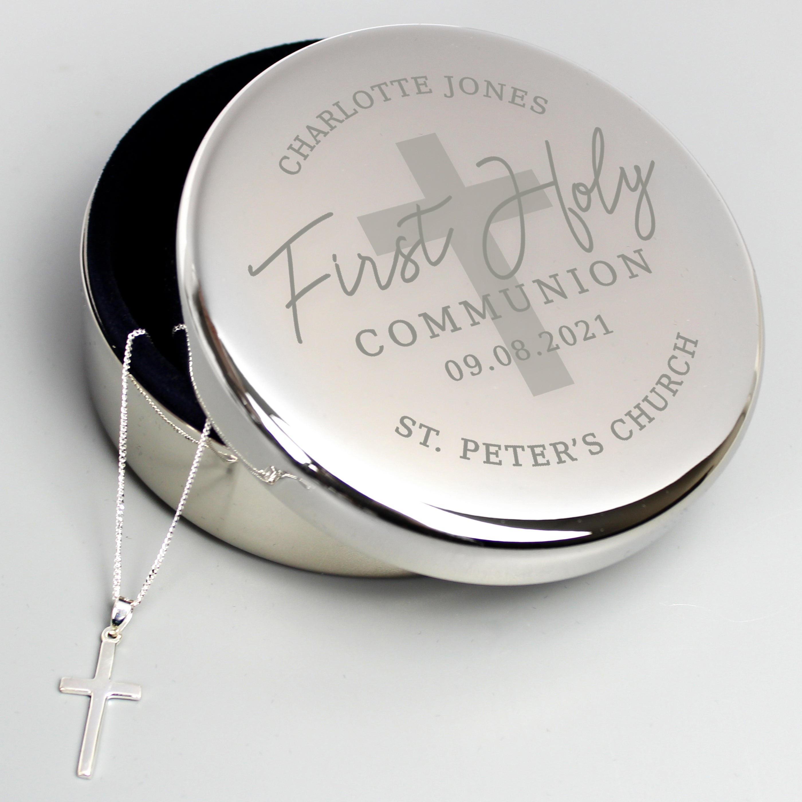 Personalised First Holy Communion Round Trinket Box & Cross Necklace S