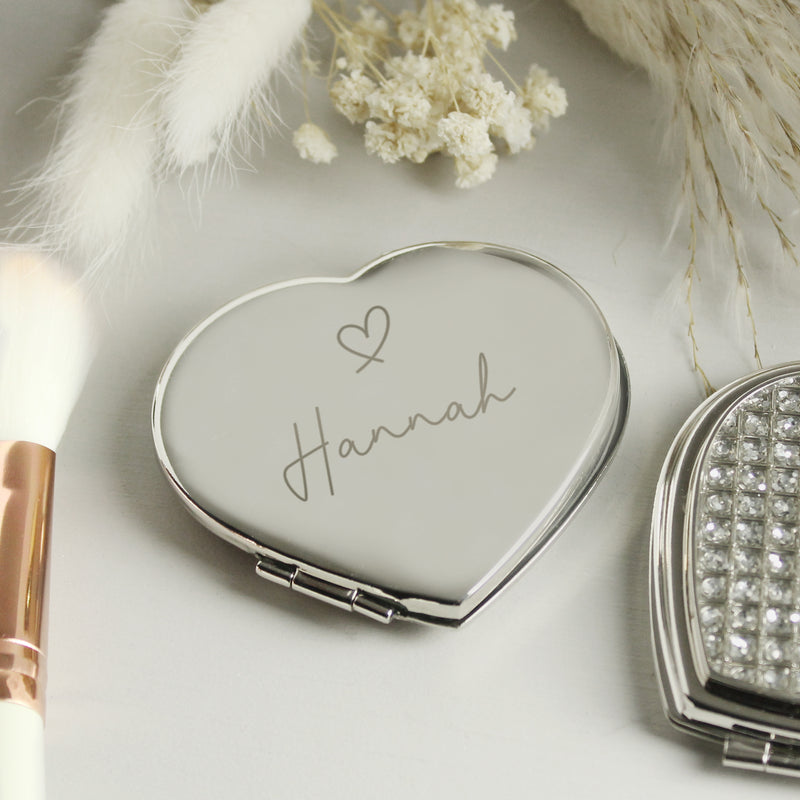 Personalised Name Diamante Heart Compact Mirror