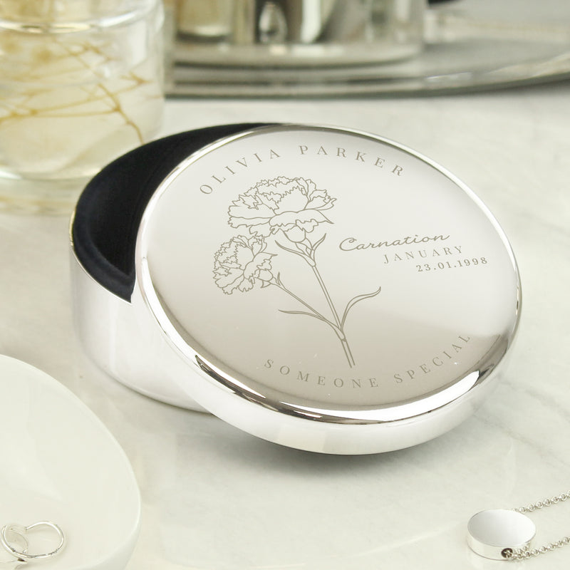 Personalised Birth Month Birth Flower Round Trinket Box