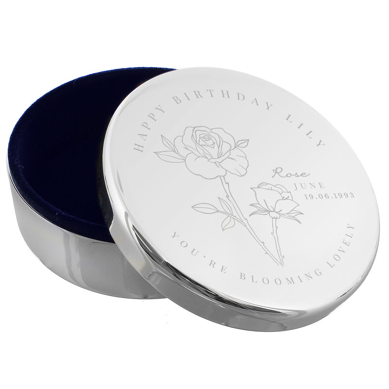 Personalised Birth Month Birth Flower Round Trinket Box