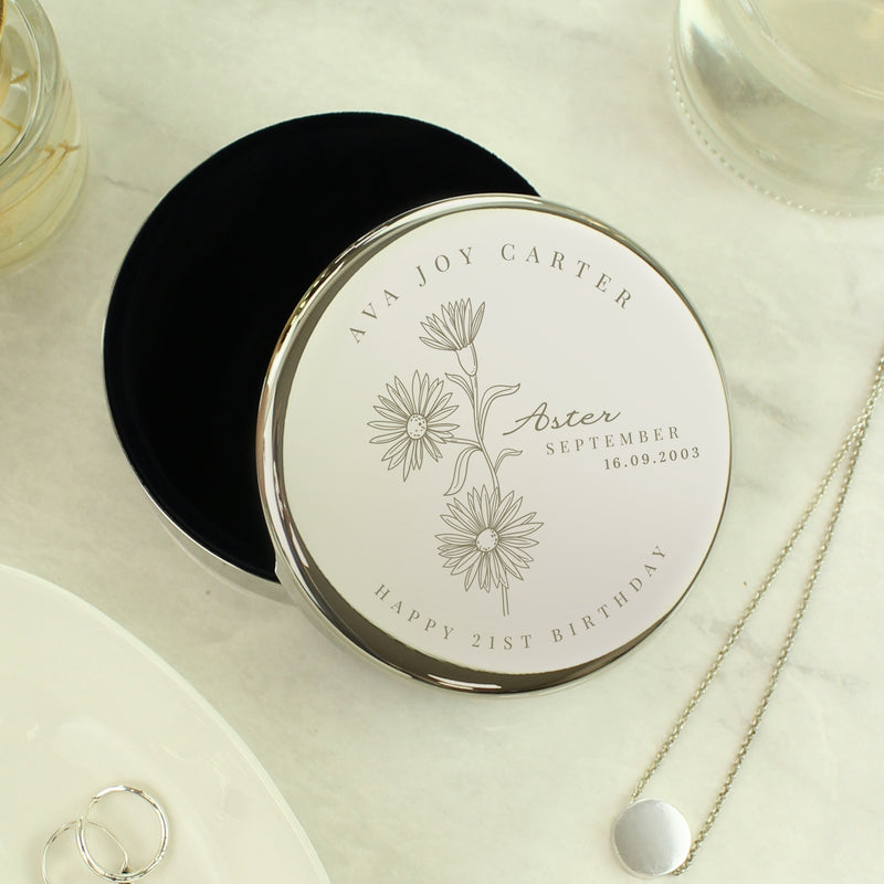 Personalised Birth Month Birth Flower Round Trinket Box