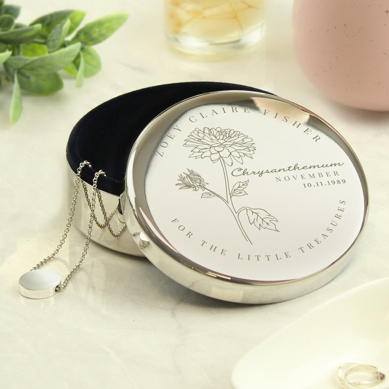 Personalised Birth Month Birth Flower Round Trinket Box