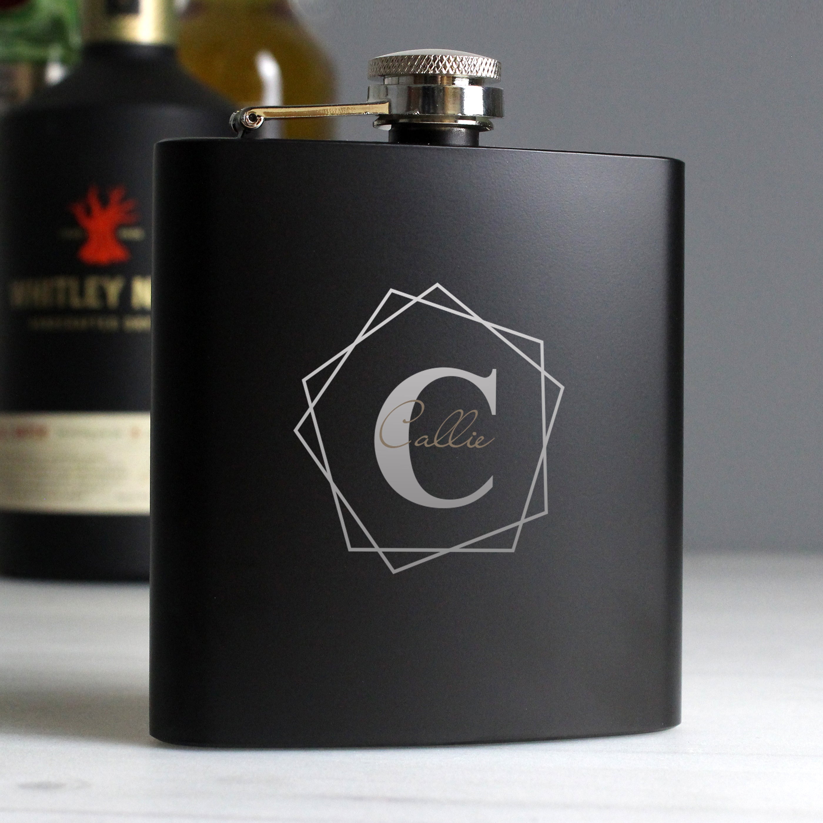 Geometric Flask Personalised Geometric Initial Black Hip Flask