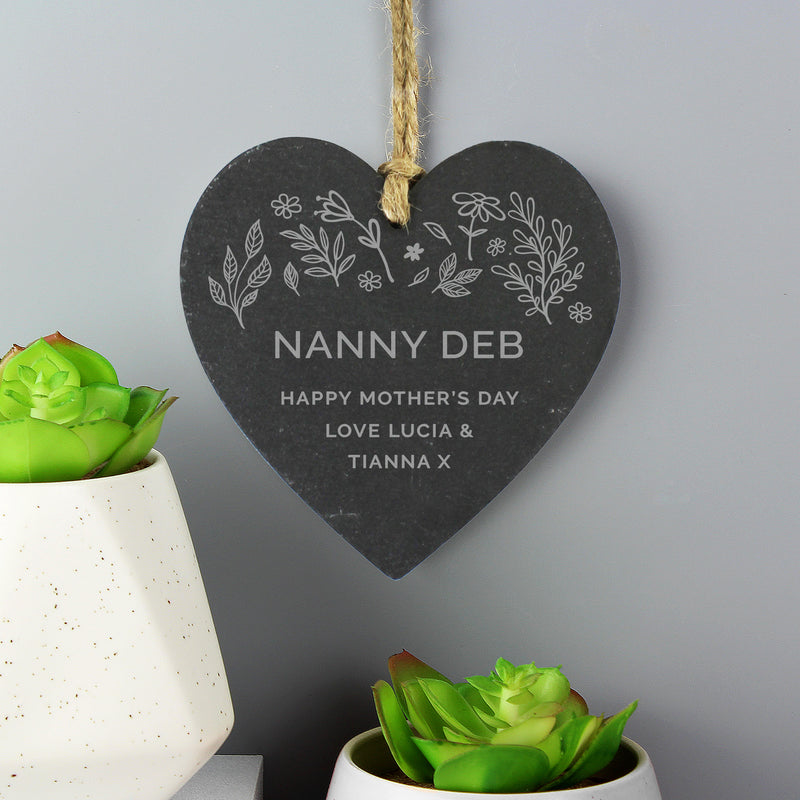 Personalised Engraved Botanical Slate Heart Decoration