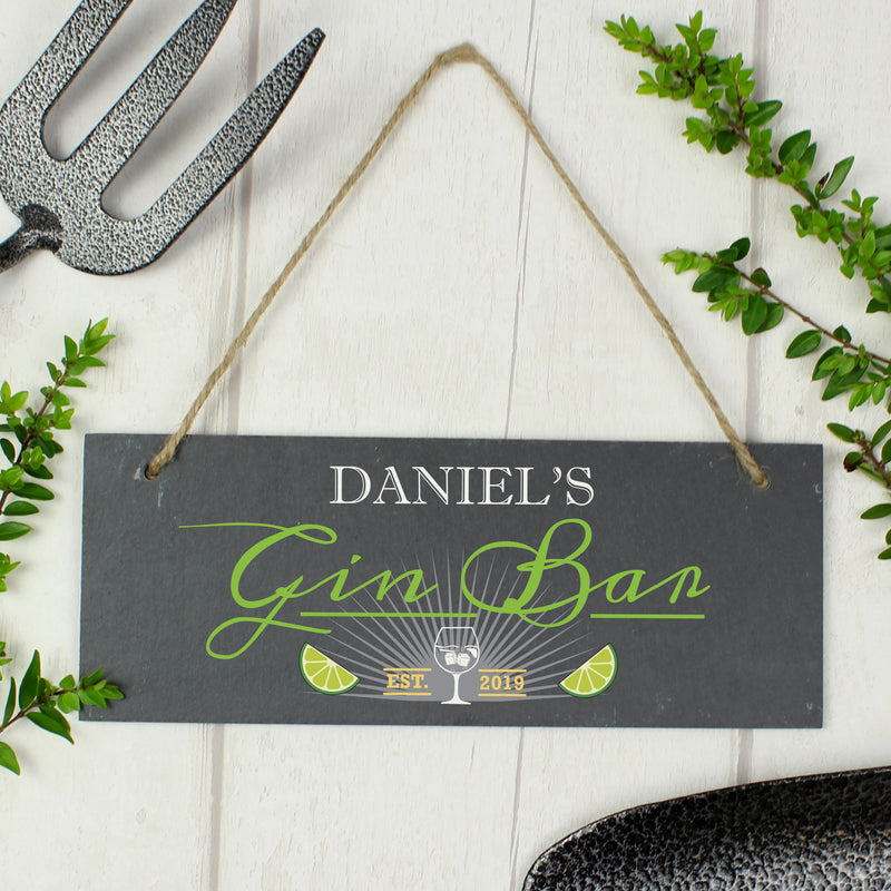 Personalised "Gin Bar" Printed Hanging Slate Plaque