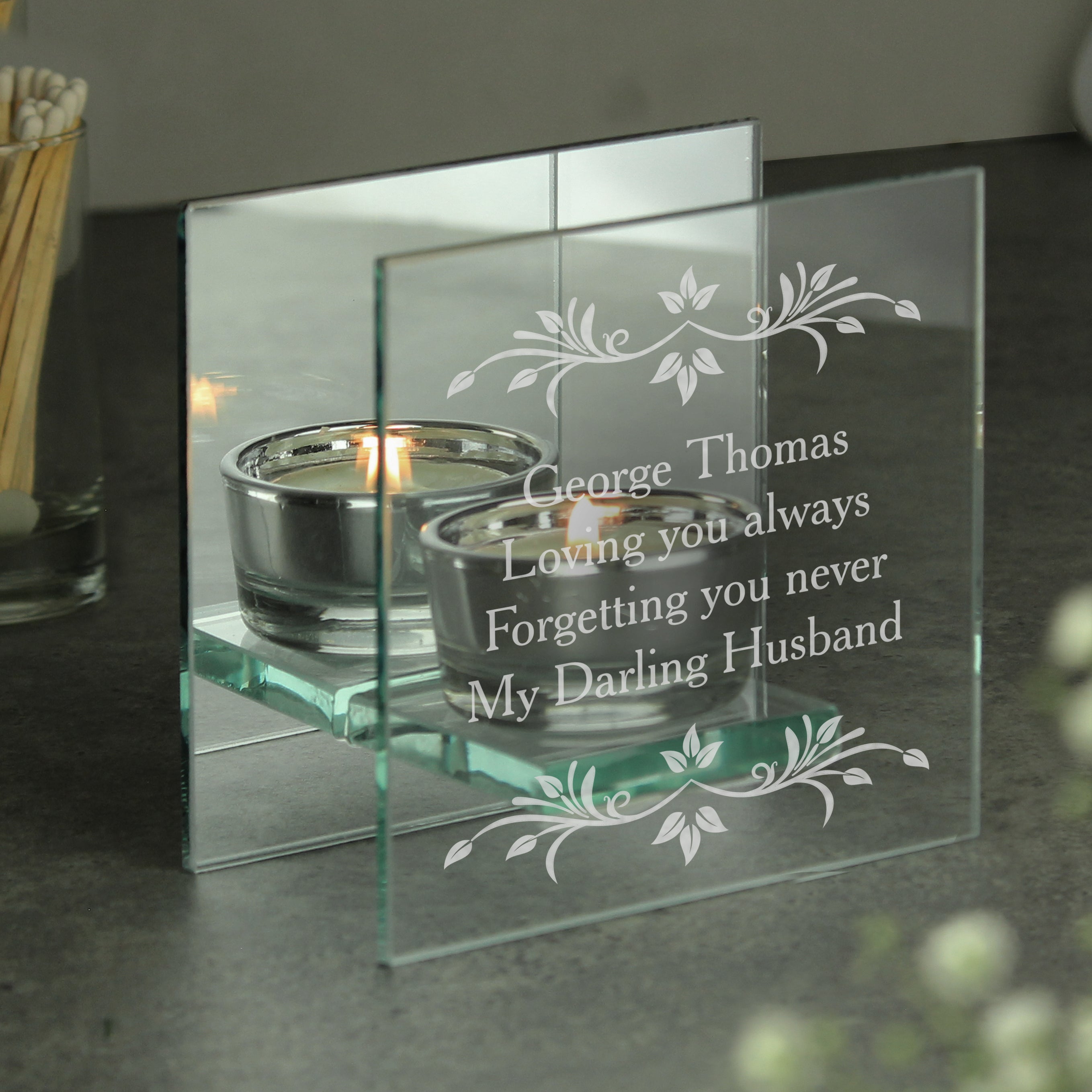 Sentiments Glass Personalised Sentiments Mirrored Glass Tea Light Candle Holder