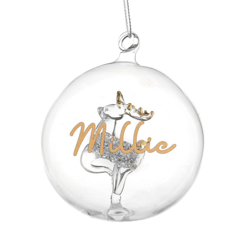 Personalised Gold Glitter Name Only Reindeer Glass Bauble