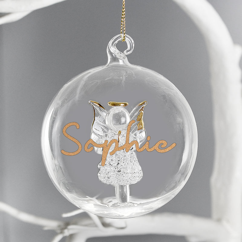 Personalised Gold Glitter Name Only Angel Glass Bauble