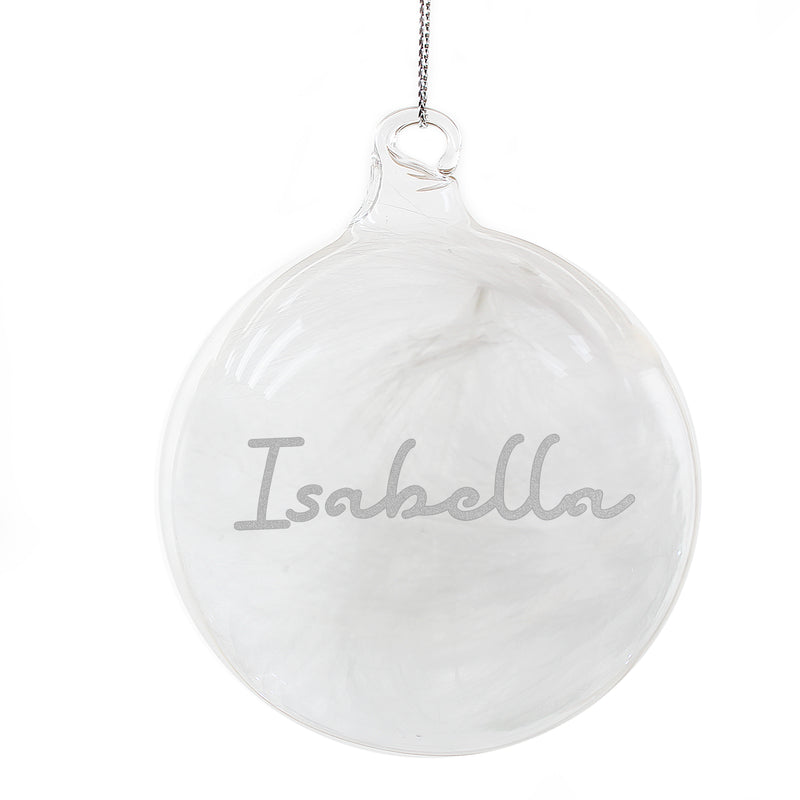 Personalised Silver Glitter Name Only Feather Glass Bauble