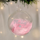 Personalised Pink Feather Silver Heart Glass Bauble