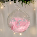 Personalised Pink Feather Silver Footprints Glass Bauble