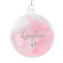 Personalised Pink Feather Silver Footprints Glass Bauble