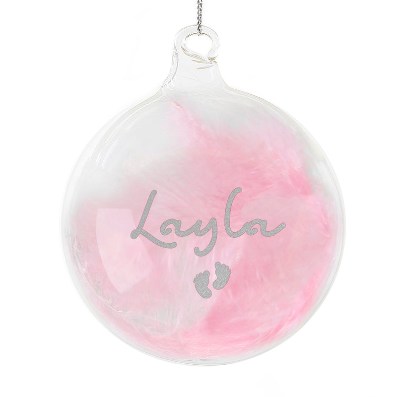 Personalised Pink Feather Silver Footprints Glass Bauble
