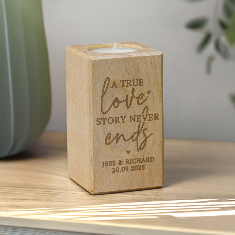 Personalised Love Story Wooden Tealight Holder