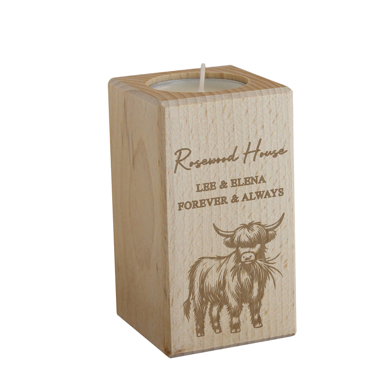 Personalised Highland Cow Wooden Tealight Holder