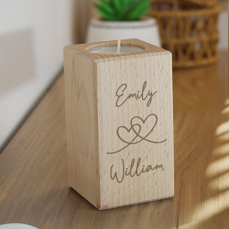 Personalised Engraved Hearts Wooden Tealight Holder