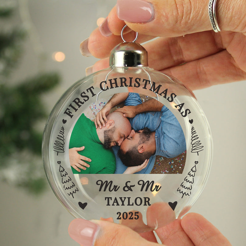 Personalised First Married Christmas Photo Upload Glass Bauble