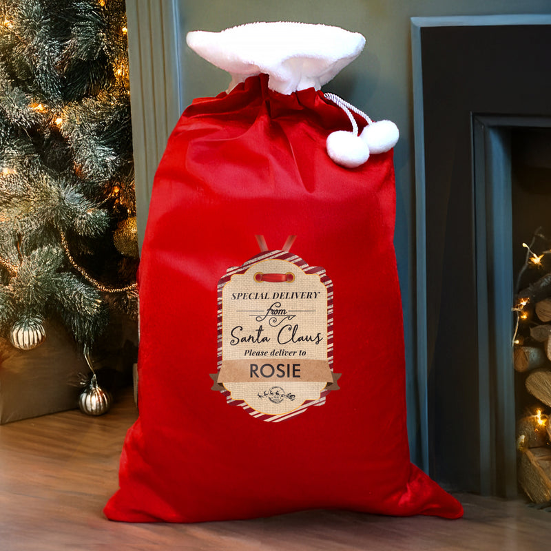Personalised Special Delivery Luxury Pom Pom Red Sack