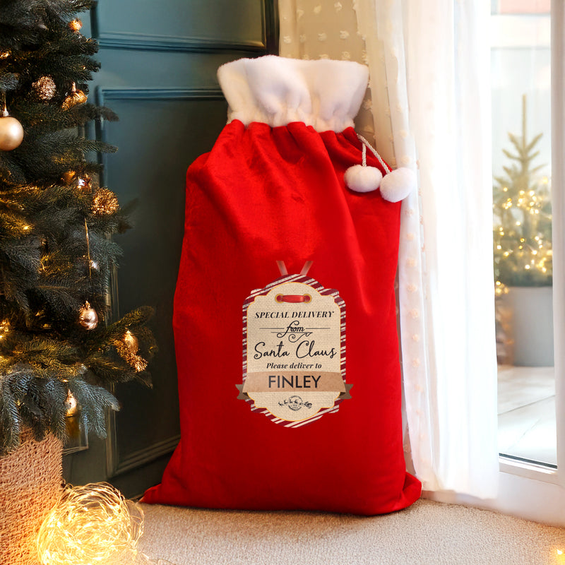 Personalised Special Delivery Luxury Pom Pom Red Sack