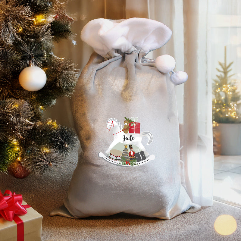 Personalised Rocking Horse Luxury Silver Grey Pom Pom Sack