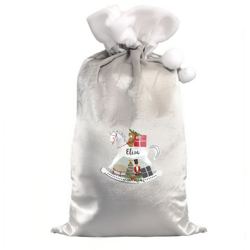 Personalised Rocking Horse Luxury Silver Grey Pom Pom Sack