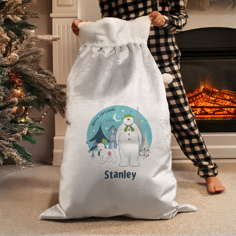 Personalised The Snowman and the Snowdog Luxury Silver Grey Pom Pom Sack