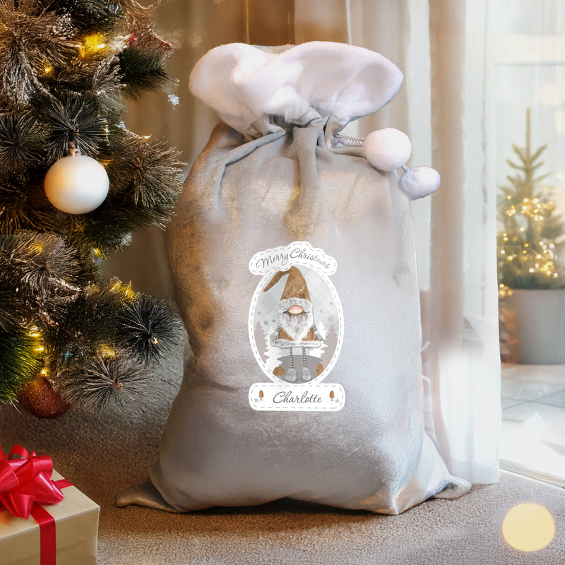 Personalised Christmas Gonk Luxury Silver Grey Pom Pom Sack