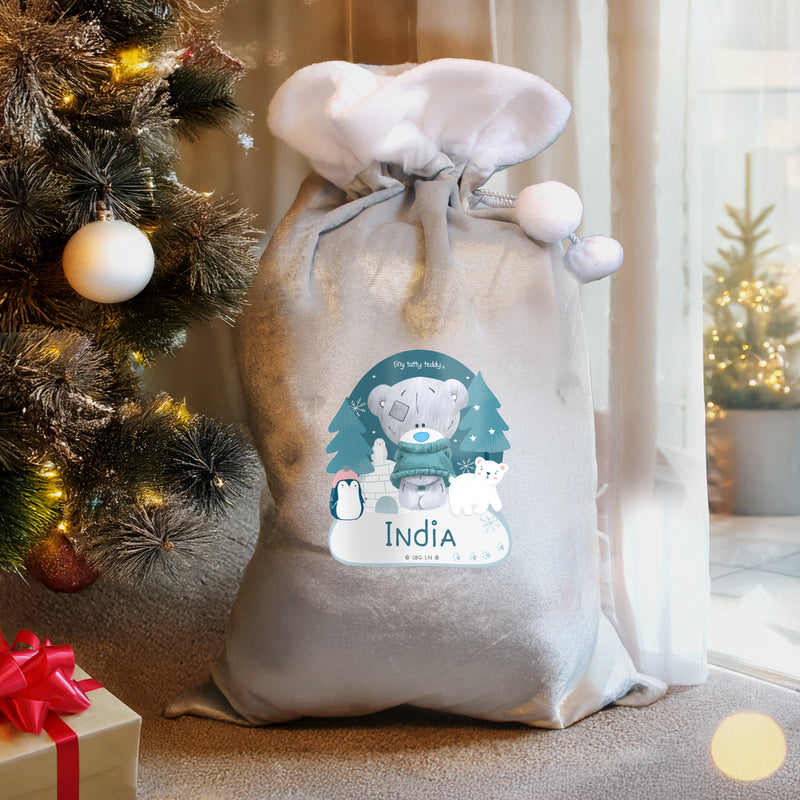 Personalised Winter Explorer Tiny Tatty Teddy Luxury Silver Grey Pom Pom Sack