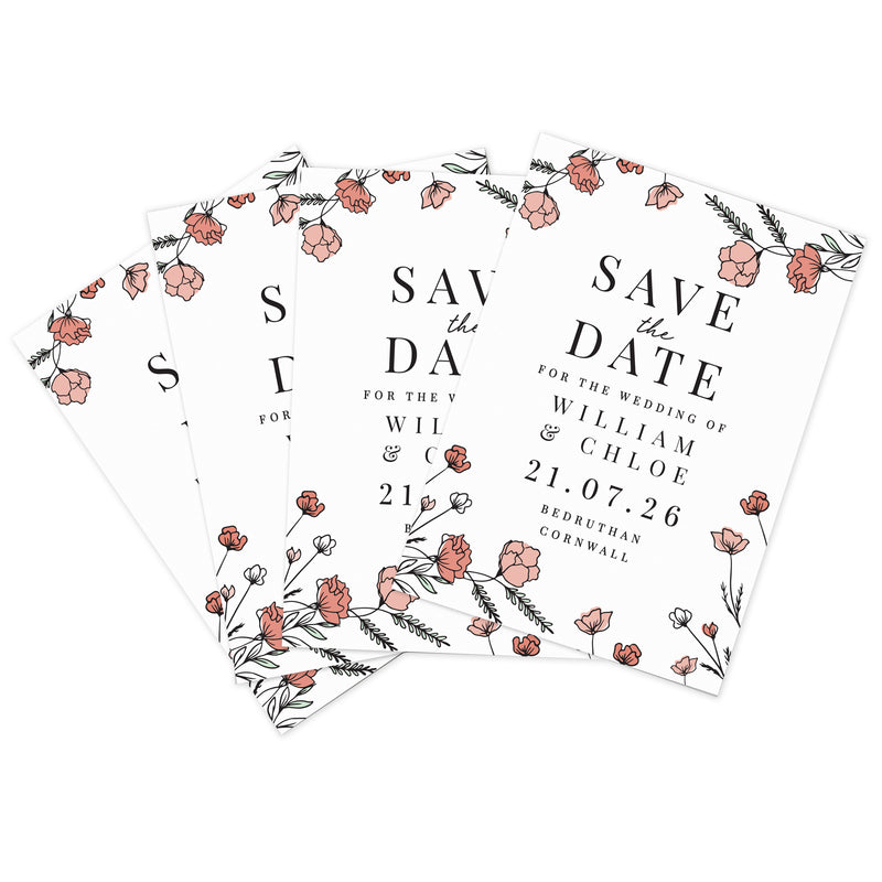 Personalised Pink Floral Set of 36 Wedding Save the Dates