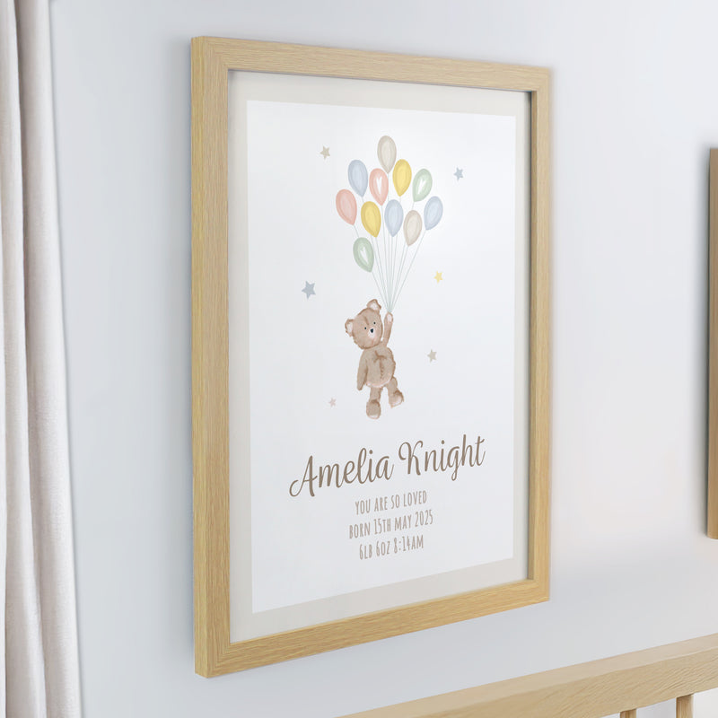 Personalised Teddy Balloon Oak Poster Frame