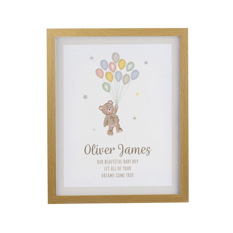 Personalised Teddy Balloon Oak Poster Frame