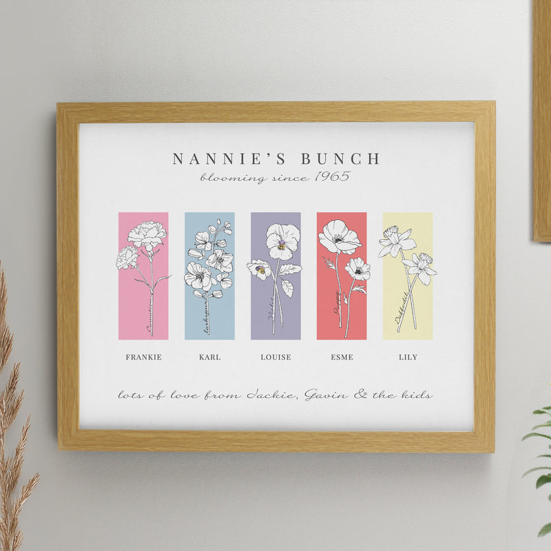 Personalised Birth Flower Family of 5 Oak Framed Print