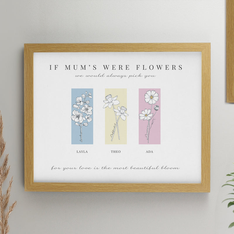 Personalised Birth Flower Family of 3 Oak Framed Print
