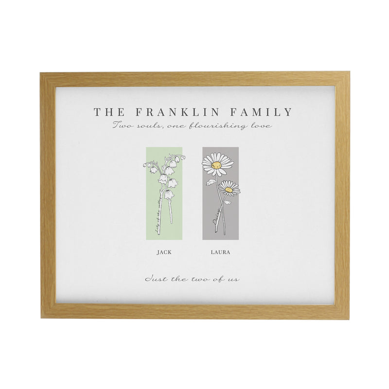 Personalised Birth Flower Family of 2 Oak Framed Print