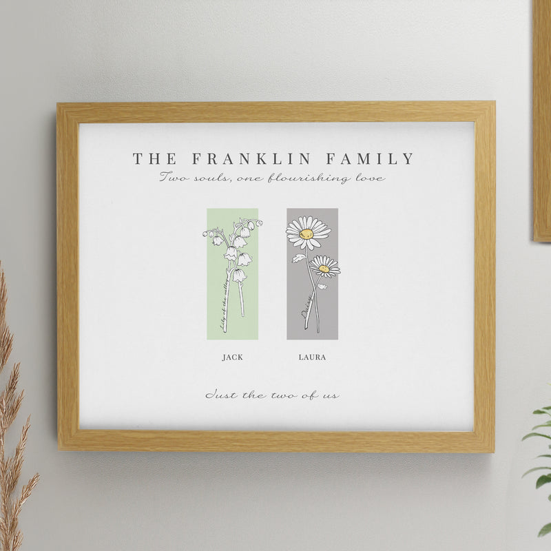 Personalised Birth Flower Family of 2 Oak Framed Print