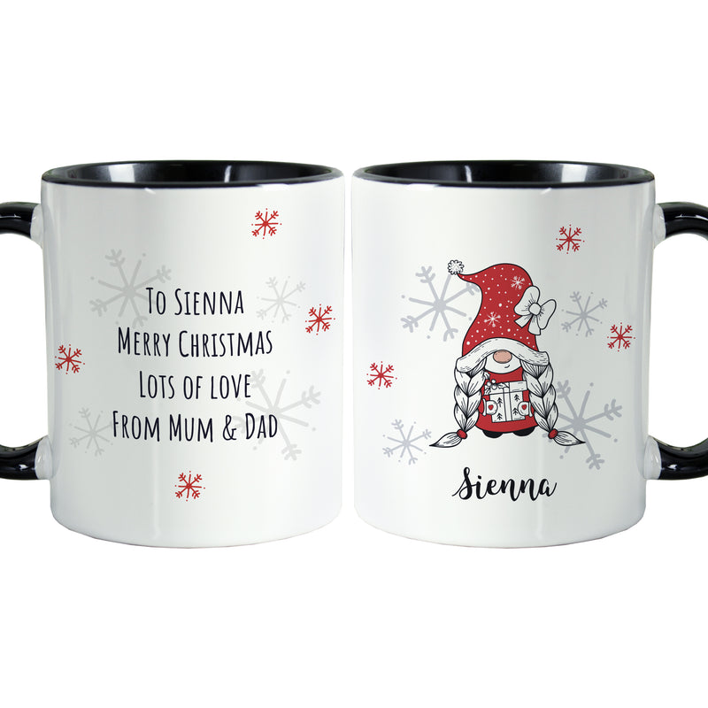 Personalised Gonk Family Black Handled Christmas Mug - Girl