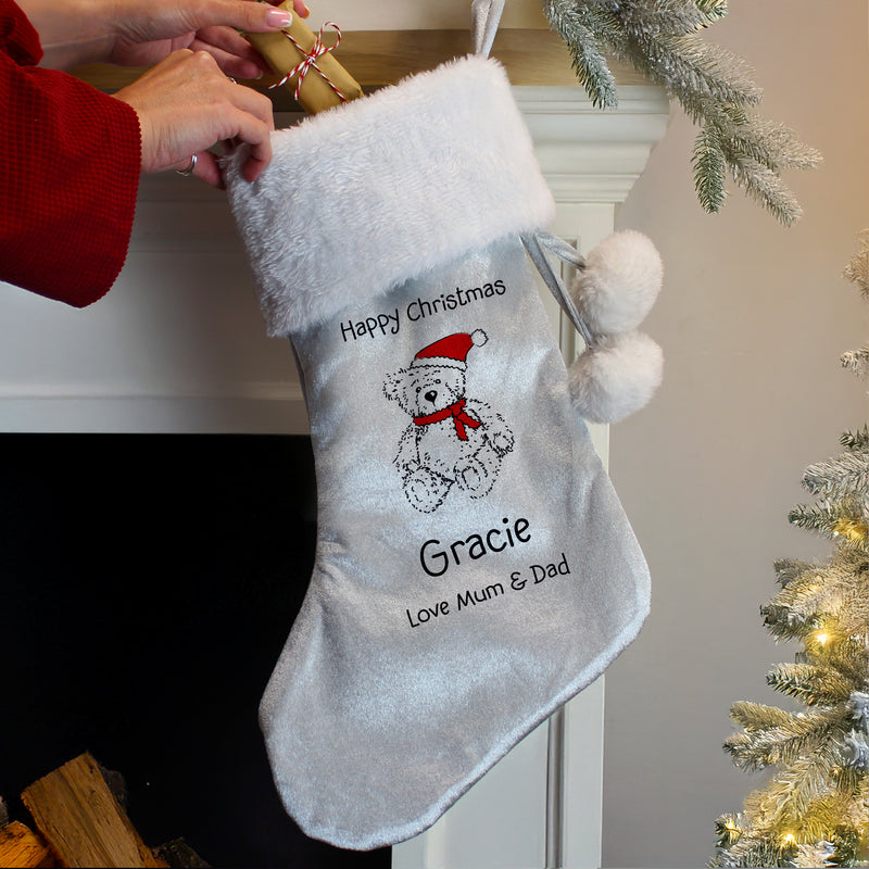 Personalised My 1st Christmas Teddy Silver Grey Stocking