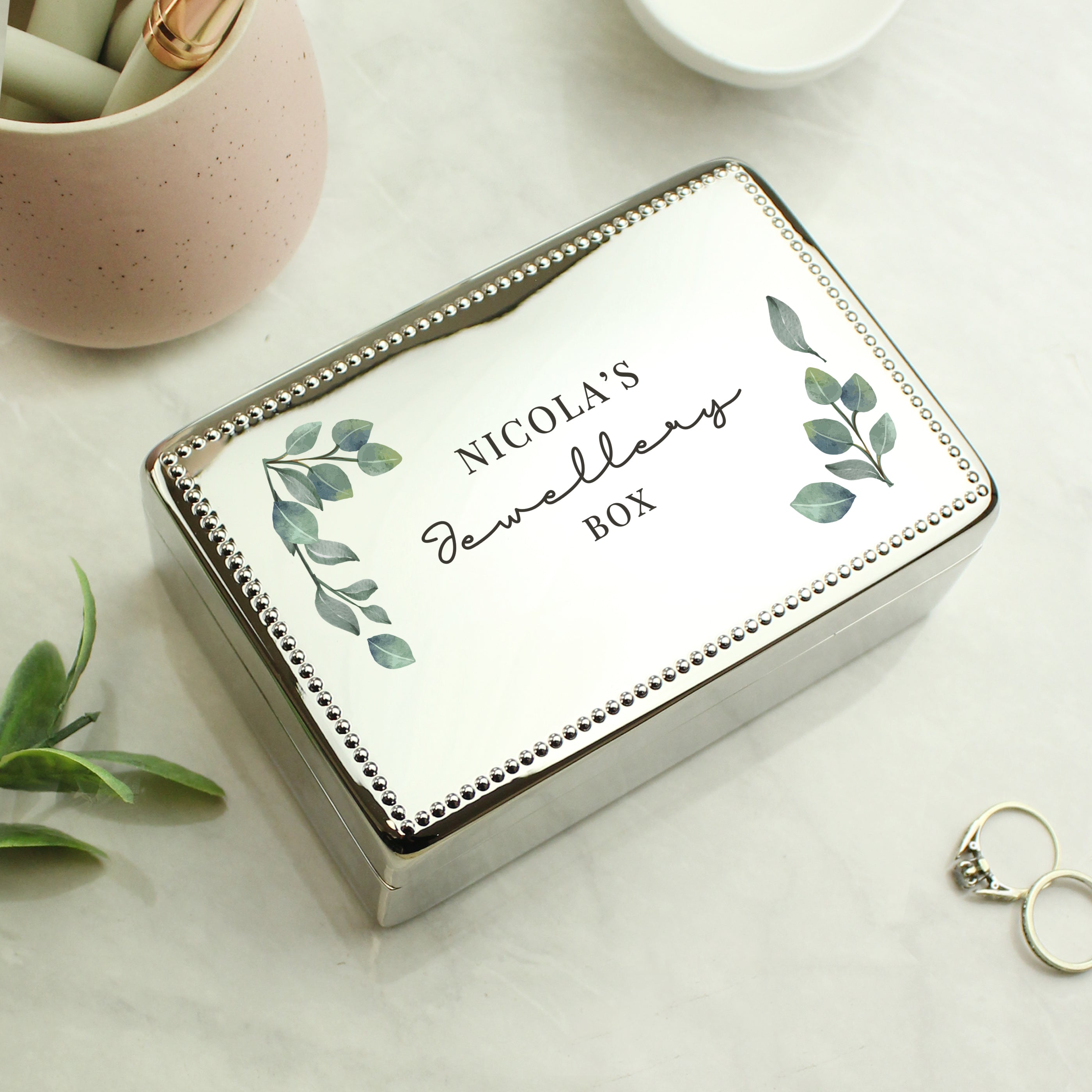 Hughes Box Script Personalised Botanical Rectangular Jewellery Box