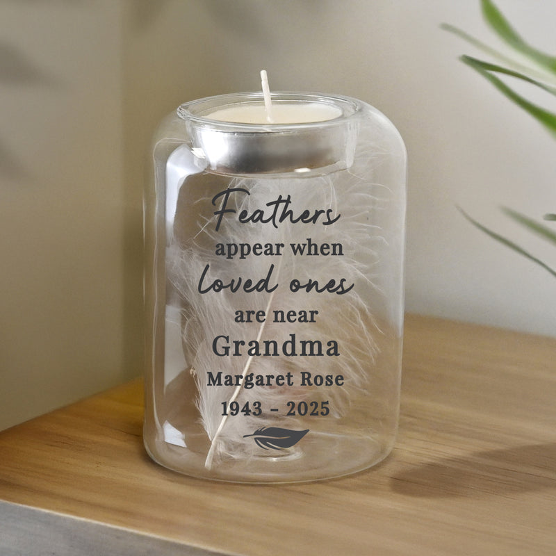 Personalised Loved Ones Memorial Feather Tealight Holder