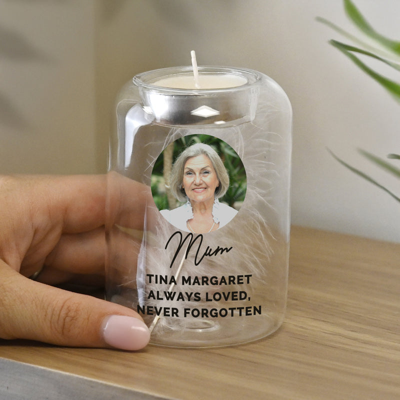 Personalised Photo Upload Memorial Feather Tealight Holder