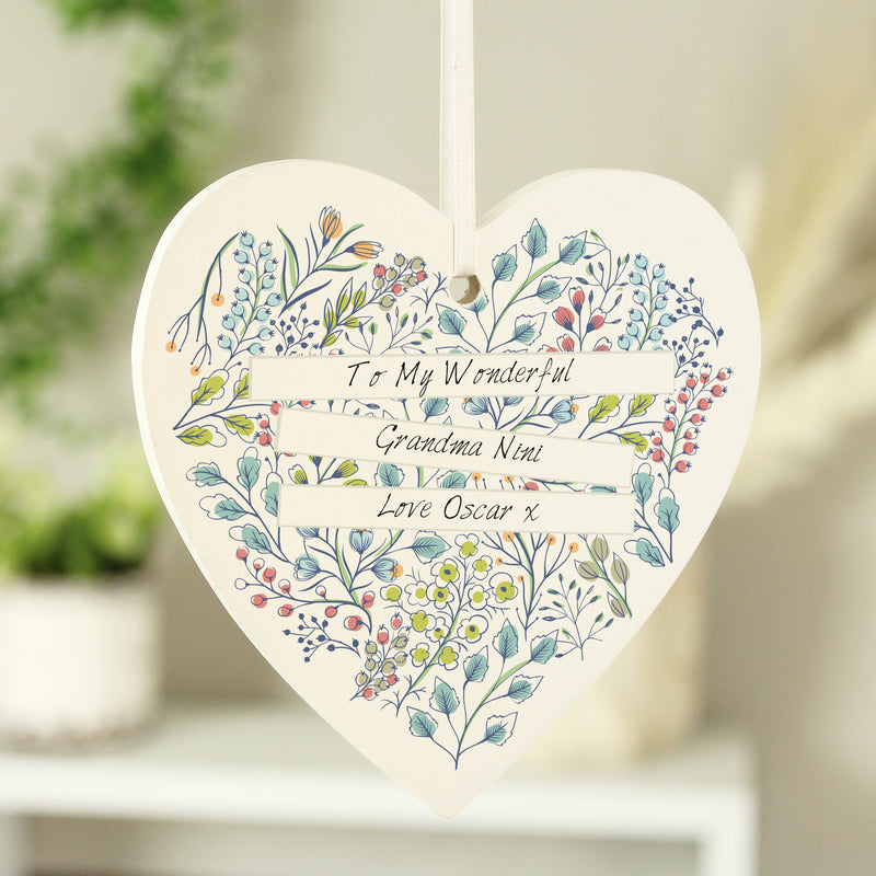 Personalised Botanical Scroll Wooden Heart Decoration